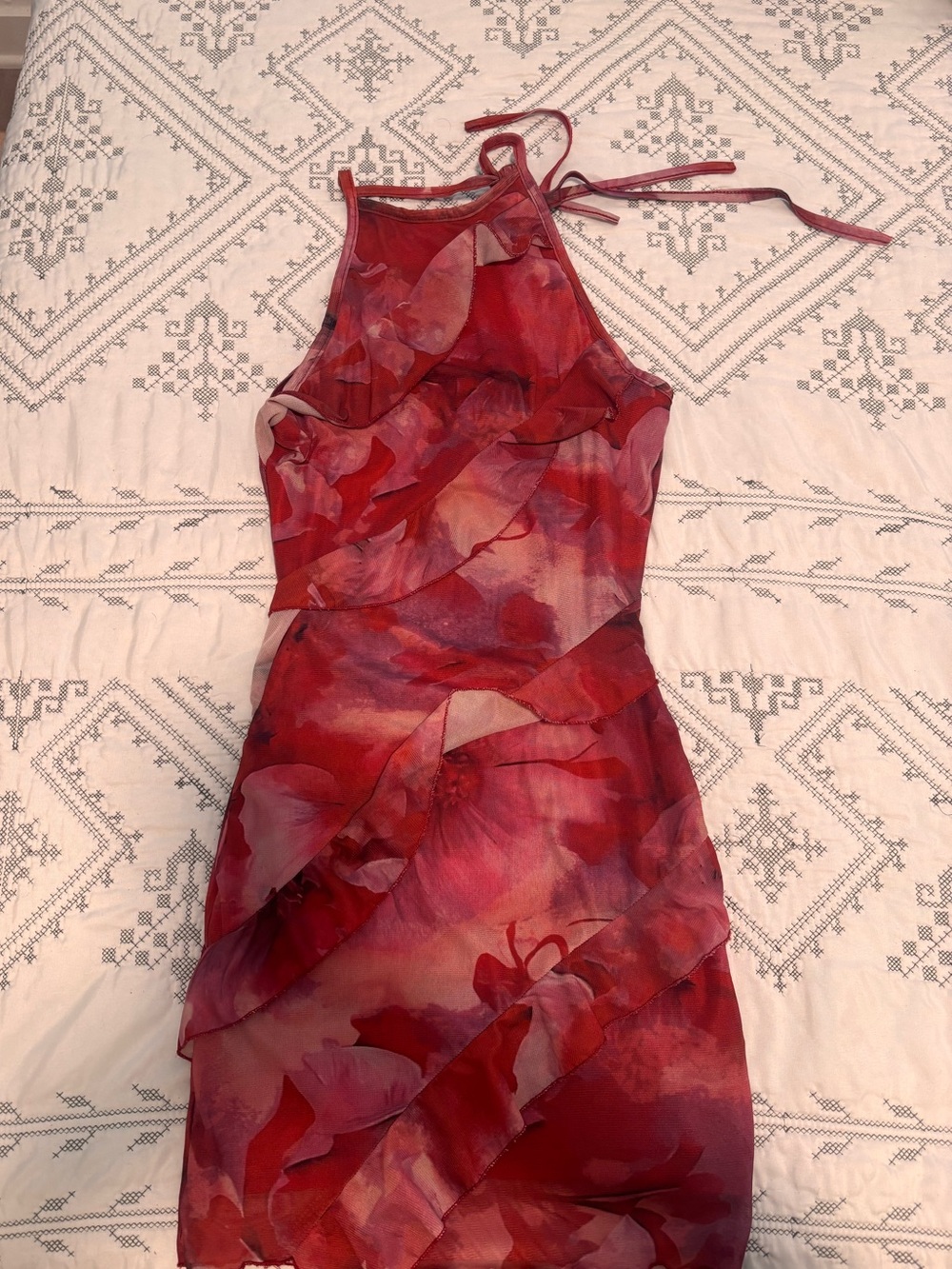 SHEIN Red Floral Halter Ruffle Mini Dress with Tie Neck